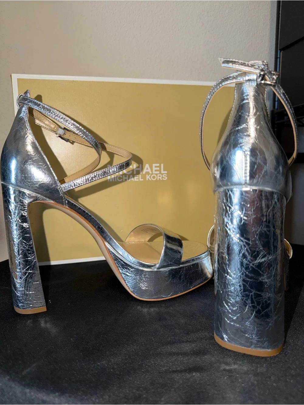Michael Kors “Cami” Crushed Leather Metallic Platform Heels
